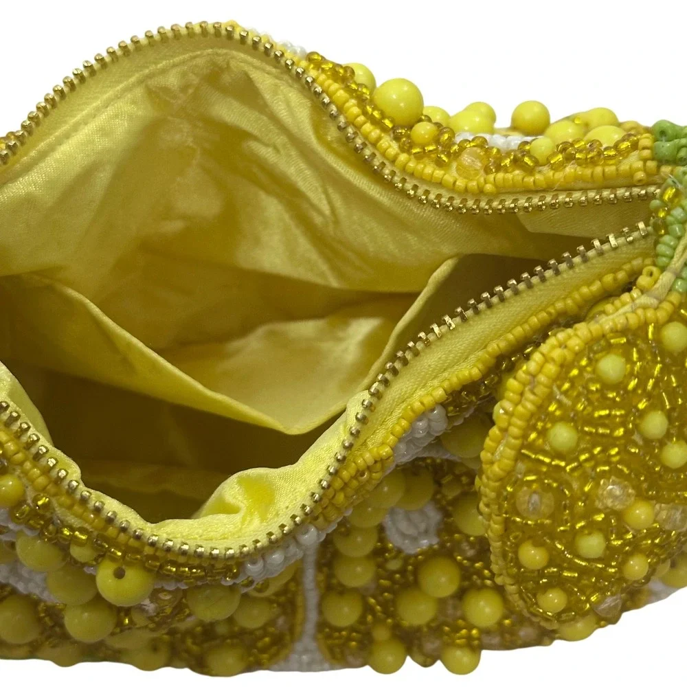 Handcrafted Beaded Lemon Slice Hobo Bag Yellow Green Citrus Fruit Novelty NWT